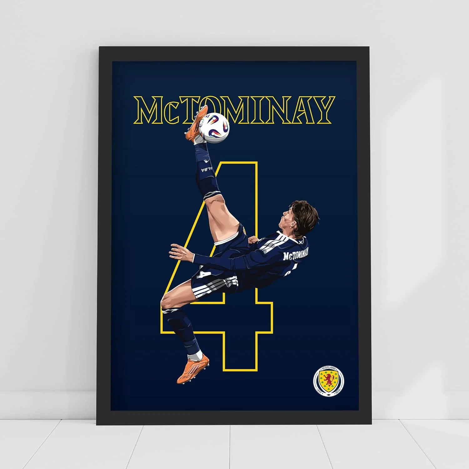 Iconic McTominay Bicycle Kick Wall Art - Dynamic Print Celebrating Scottish Football History. The Deep Navy & Gold Color Scheme