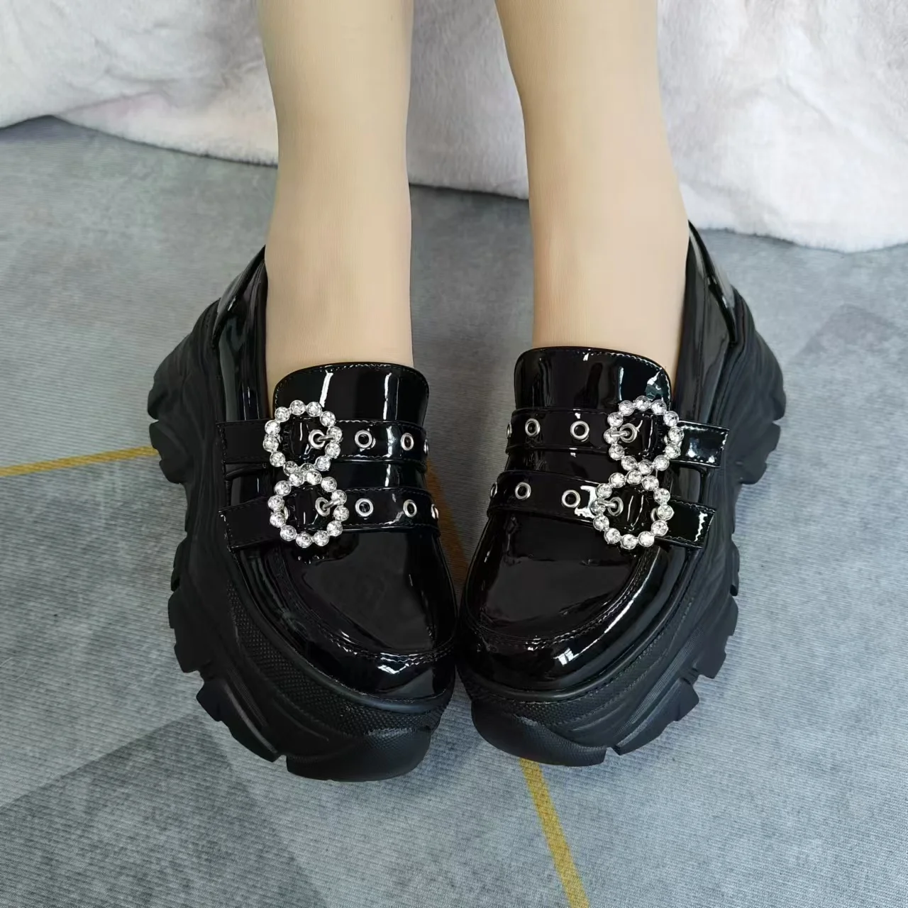 Japanese Mine Style Mass-produced Diamond Double Buckle Black Leather Platform Loafers Slip-ons Kawaii Lolita Shoes For Women