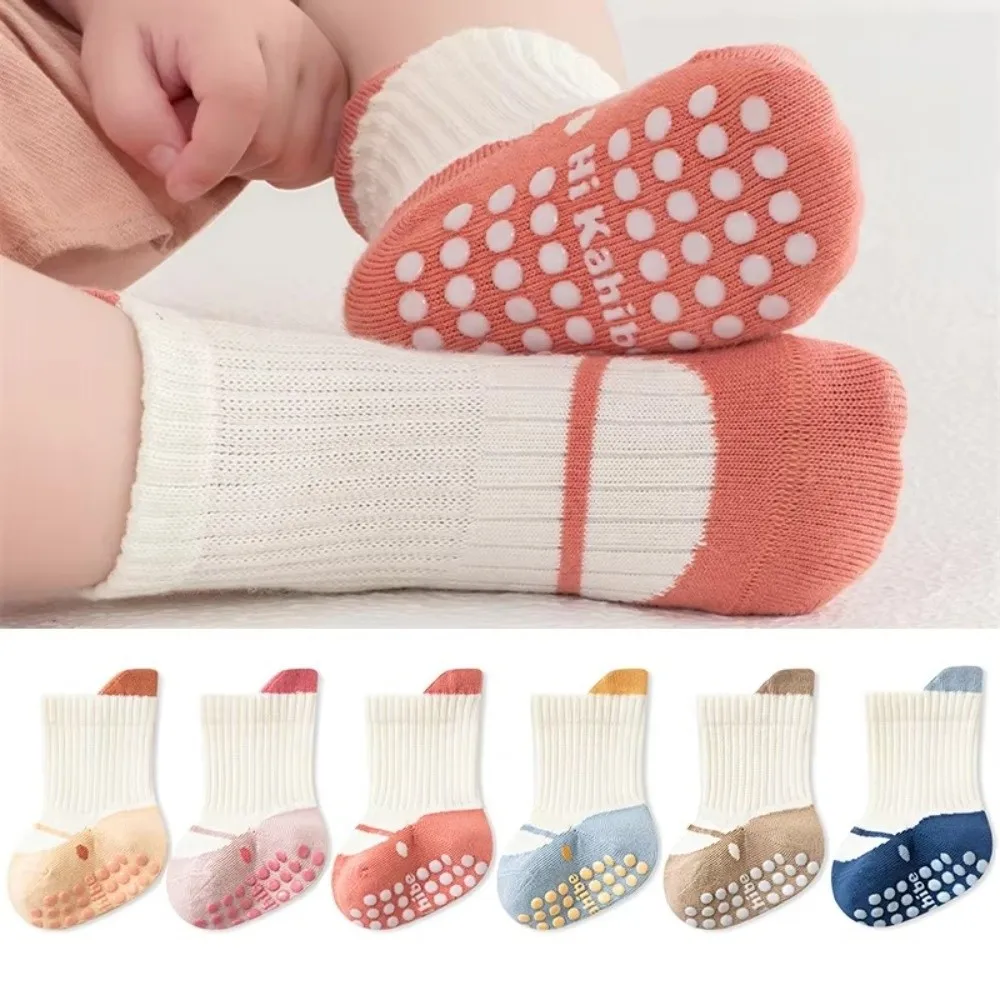 3 Pairs Rubber Grip Sole Anti-Slip Socks Non-Slip Soft Cotton Baby Grip Socks Elastic Cuff Comfortable Infant Walking Socks