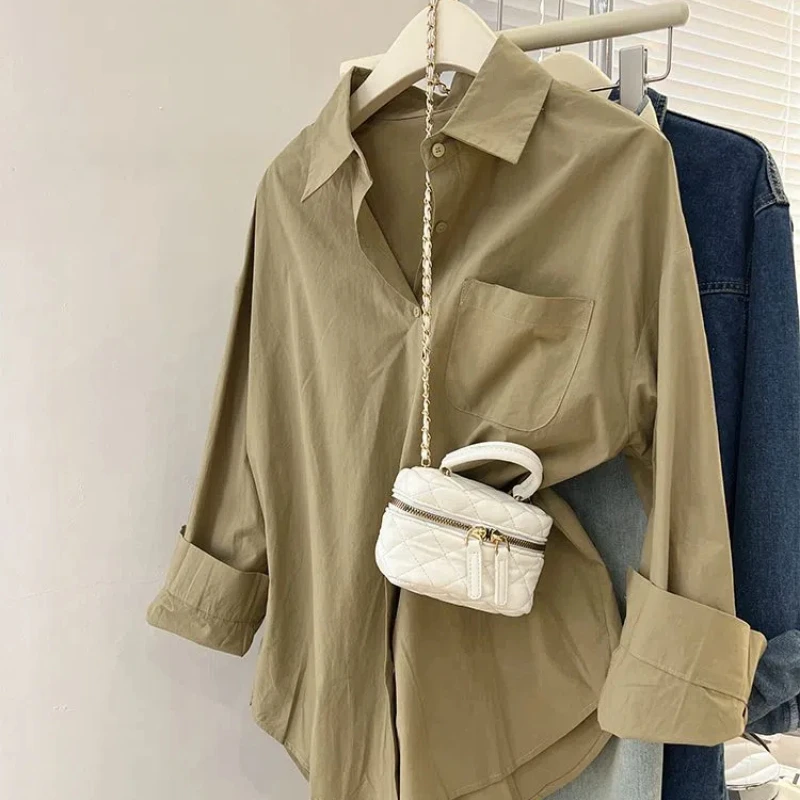 

Polo Collar Long-sleeved Shirt Women's Autumn New Cardigan Design Niche Coat Mid-length Loose Solid Color Top