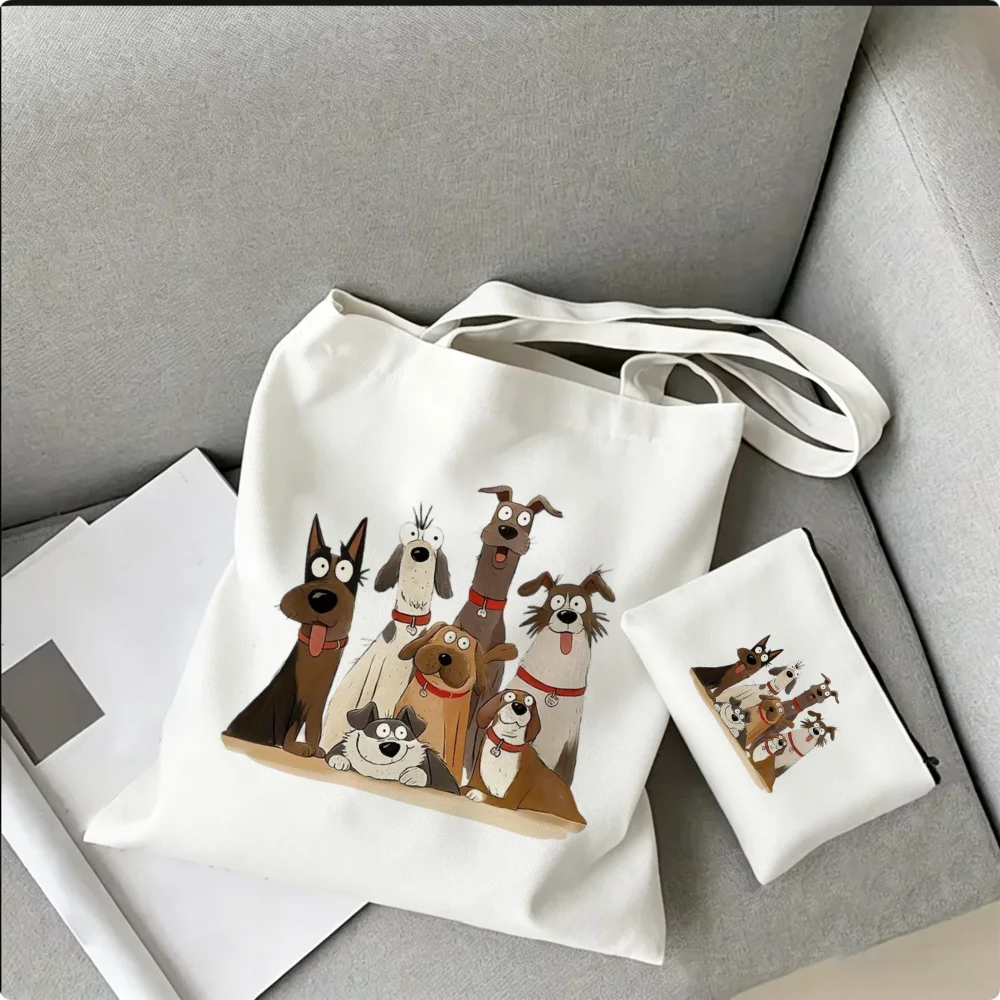 Fun cat dog shoulder bag Pet illustration print Canvas bag Ladies handbag Large capacity and multi scenario Shopping travel bag