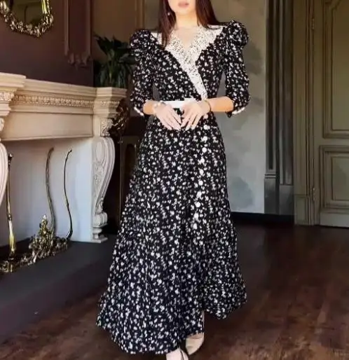 

2025 Autumn New Women's Clothing Korean Style Fashion Collision Wave Print Elegant Long Skirt Commuting Retro Elegant Dress