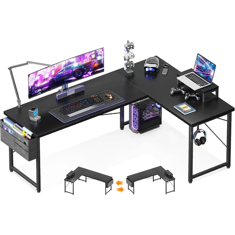 

L Shaped Desk, 66" Computer Corner Desk, Gaming Desk, Home Office Writing Desk with Monitor Shelf, Space-Saving Workstation Desk