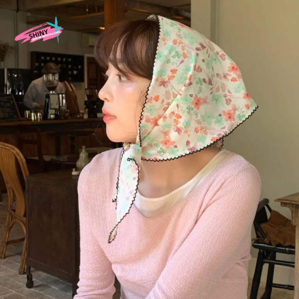 

Fashion Pastoral Style Summer Triangle Headscarf Turban Cotton Fresh Floral Headband Sunshade Thin Triangular Hair Band Summer