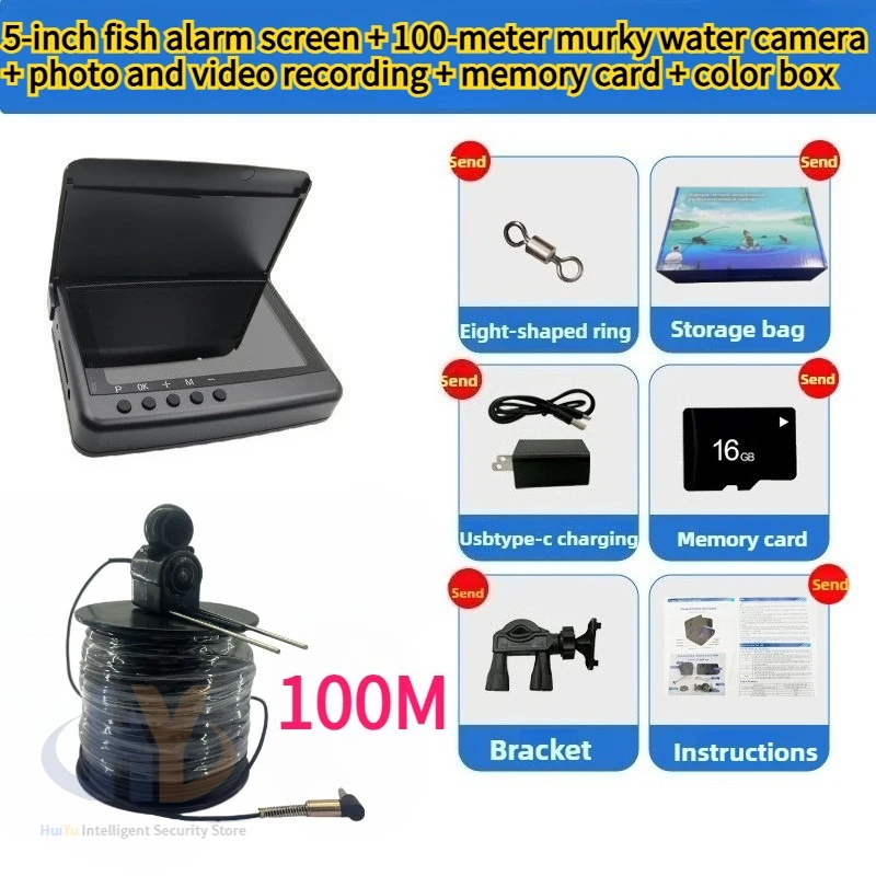 5" Fish Finder Underwater Fishing Camera 100M Cable, IP68 Waterproof Video Finder, Fish Alarm & Recording for Ice Boat Fishing