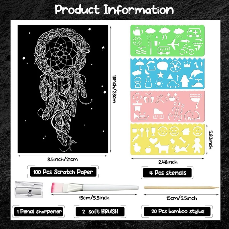 DIY 생일 파티용 다기능 스크래치 아트 키트, 스타일러스 및 스텐실 포함, 8.5x11 인치, 127 개