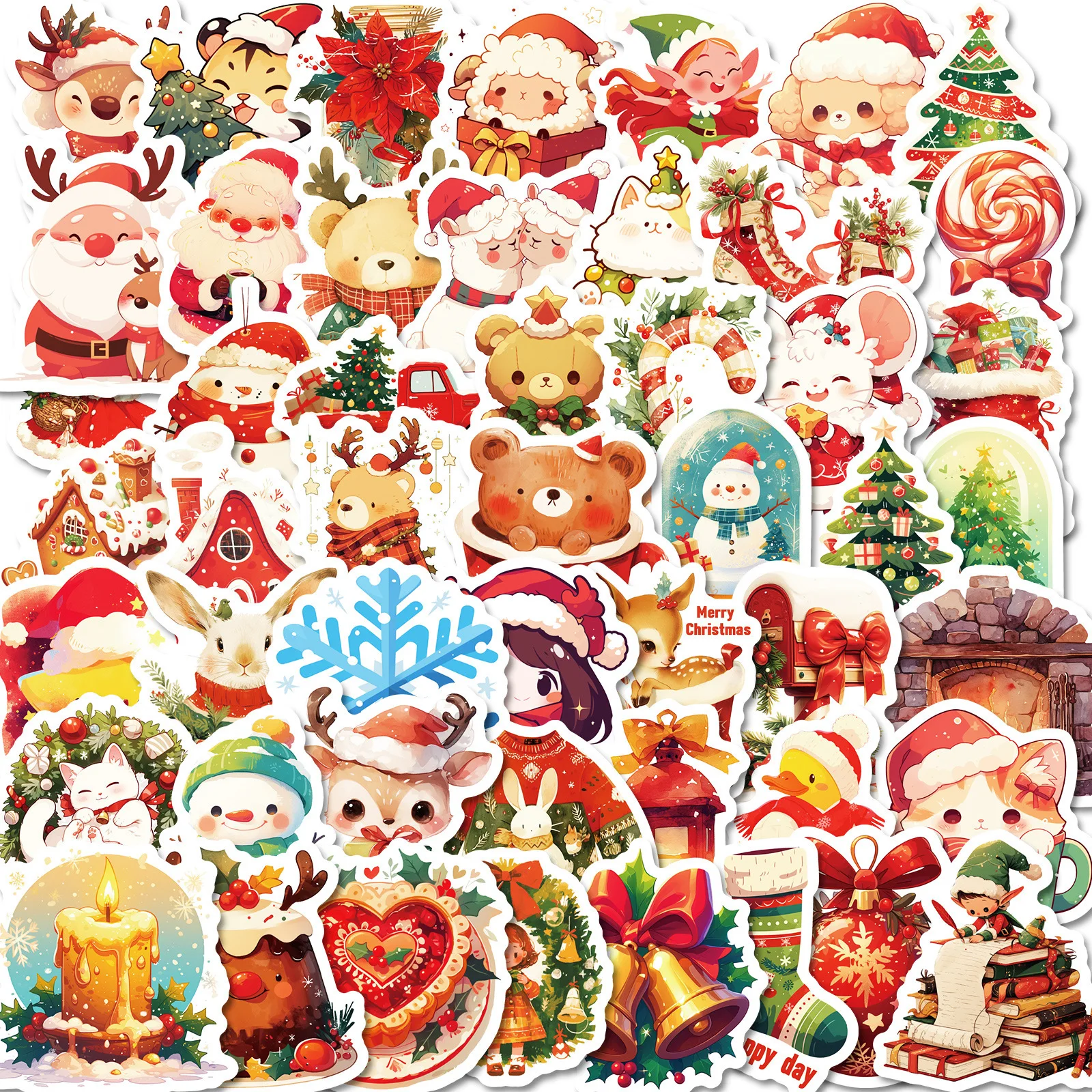 

50PCS Christmas Tea Cup Cat Series Children's Decorative Laptop Mobile Phone Case Water Cup Flat Material Graffiti Stickers Toys