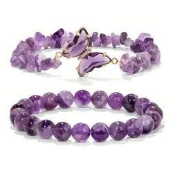 2pc Set sromantic Amethyst Obsidian Quartz Beaded Butterfly Bracelet women Stretch Bangles Positive EnergyDaily Commute