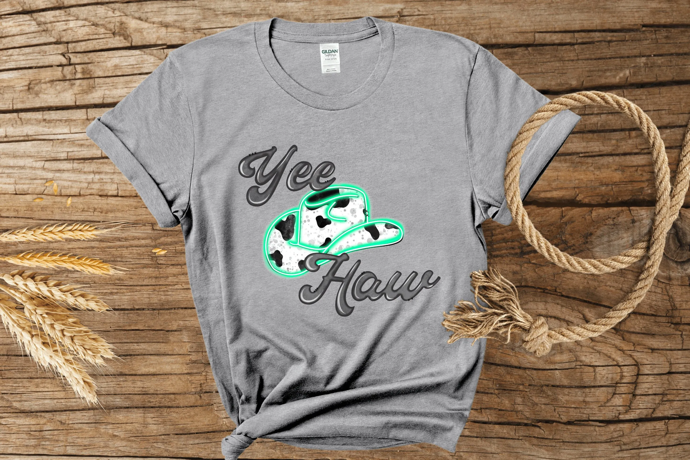 Yee Haw T Shirt Yeehaw Cowgirl Country Western Neon Hat Softstyle