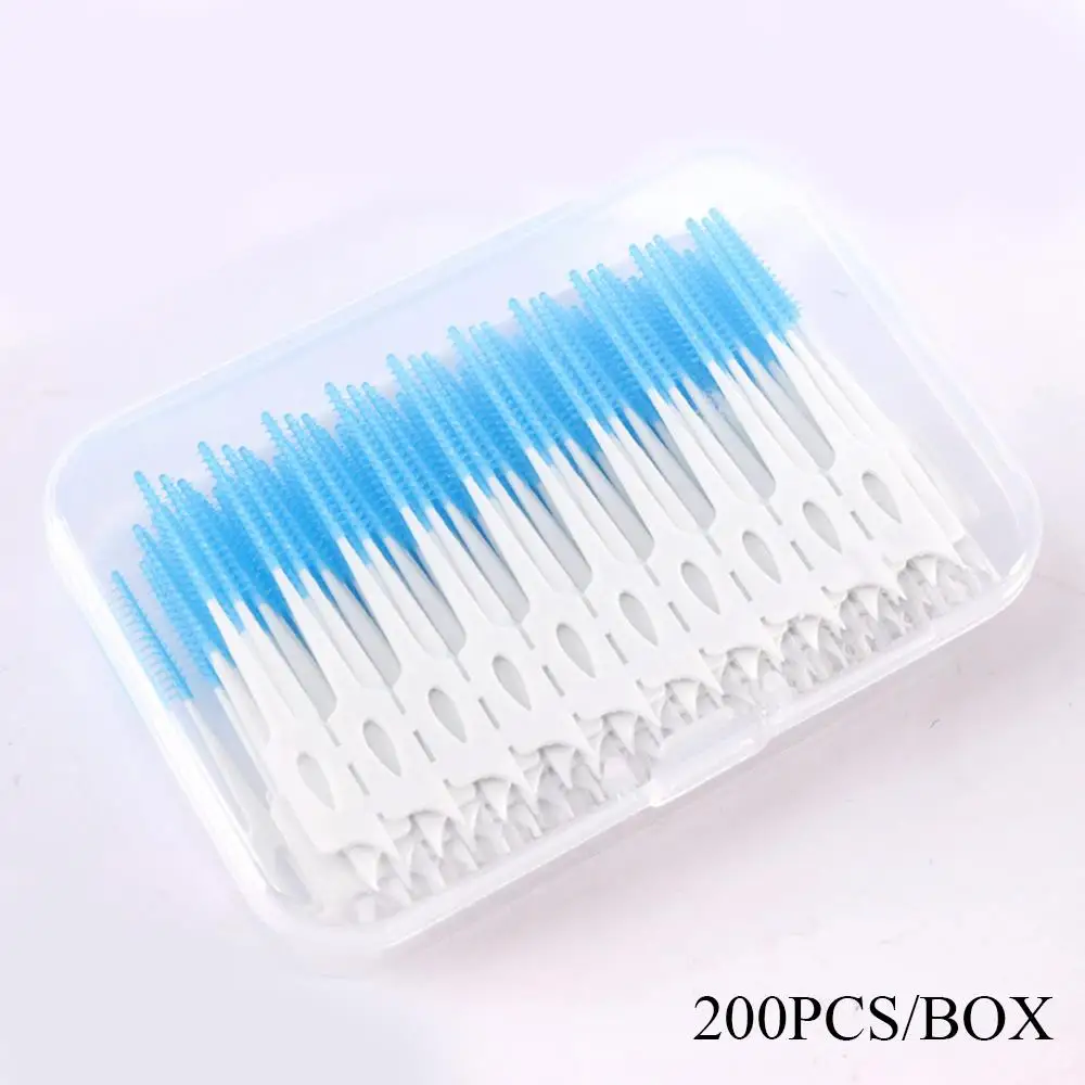 200pcs/box Soft Silicone Interdental Brush Toothpicks With Thread Double-headed Disposable Interdental Brush Oral Cleaning Tools