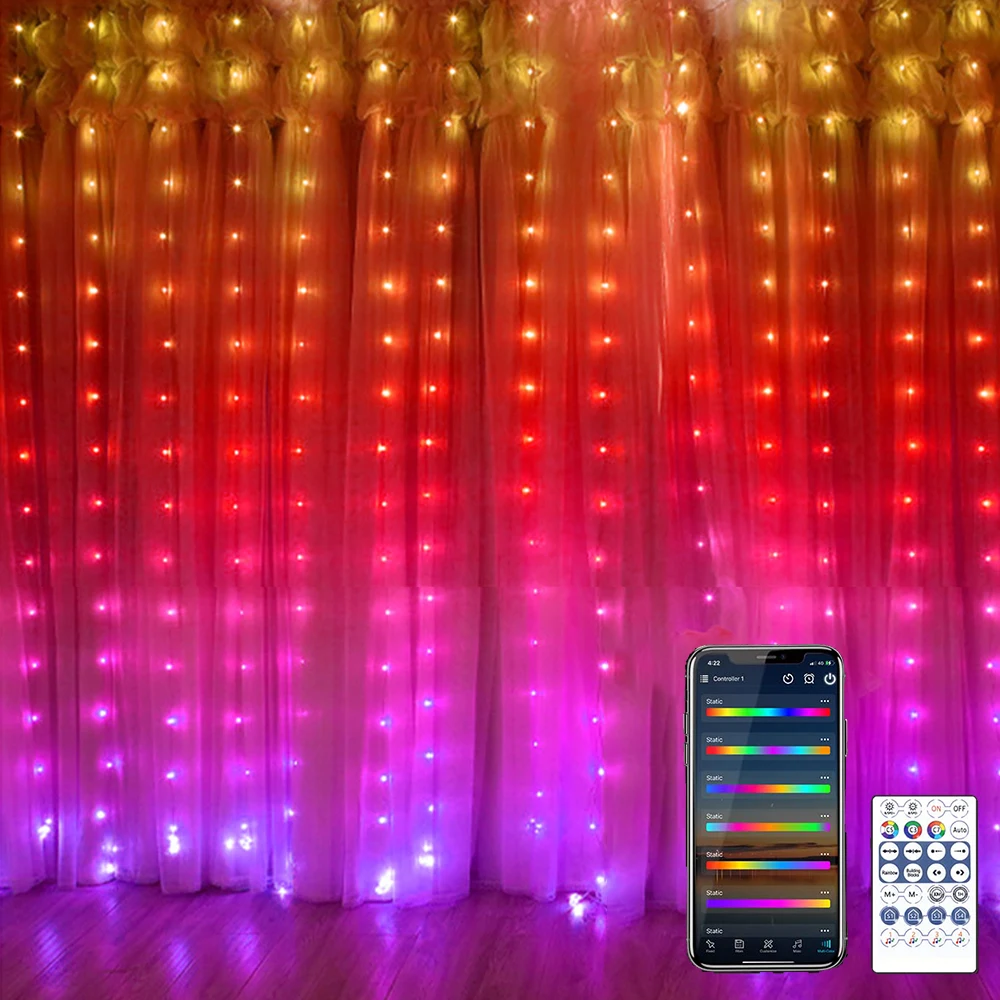 Fairy Curtain LED Light DC5V RGBIC WS2812B Smart Curtain String Light Bluetooth APP Control Christmas Fairy Light 3m200LEDs