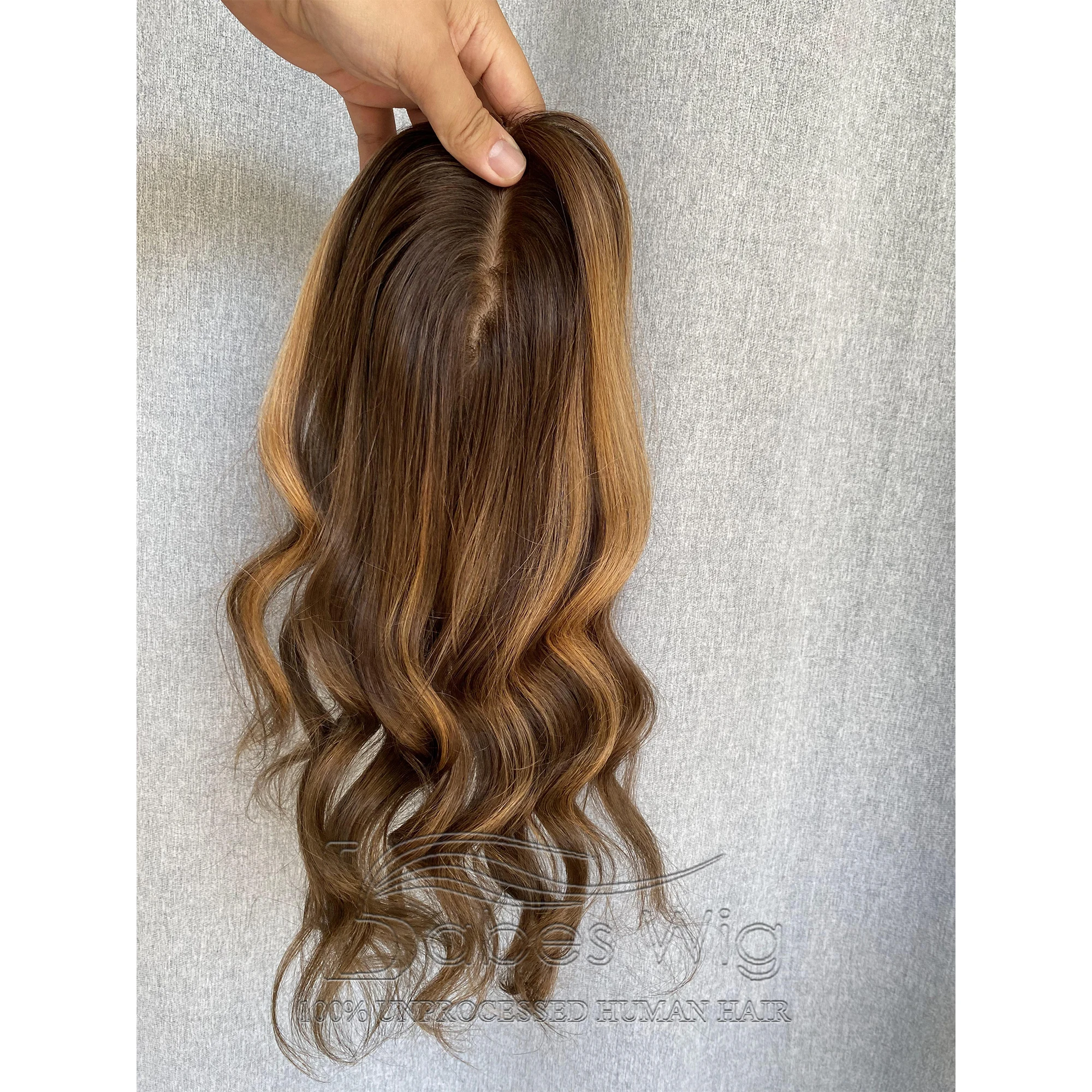 Balayage ondulado virgem remy cabelo humano topper base de seda com clipes em seda superior peruca de cabelo humano para mulheres brancas