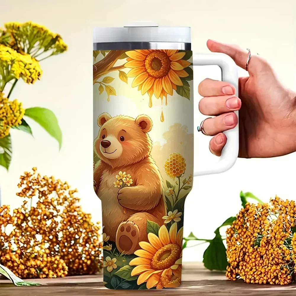 Cute Bear Sunflower Print 40oz Tumbler with Handle, Suitable for Everyone, Ideal for Daily Use, Outdoor Trips, Camping And Travel, Works Great for Both Hot And Cold Drinks