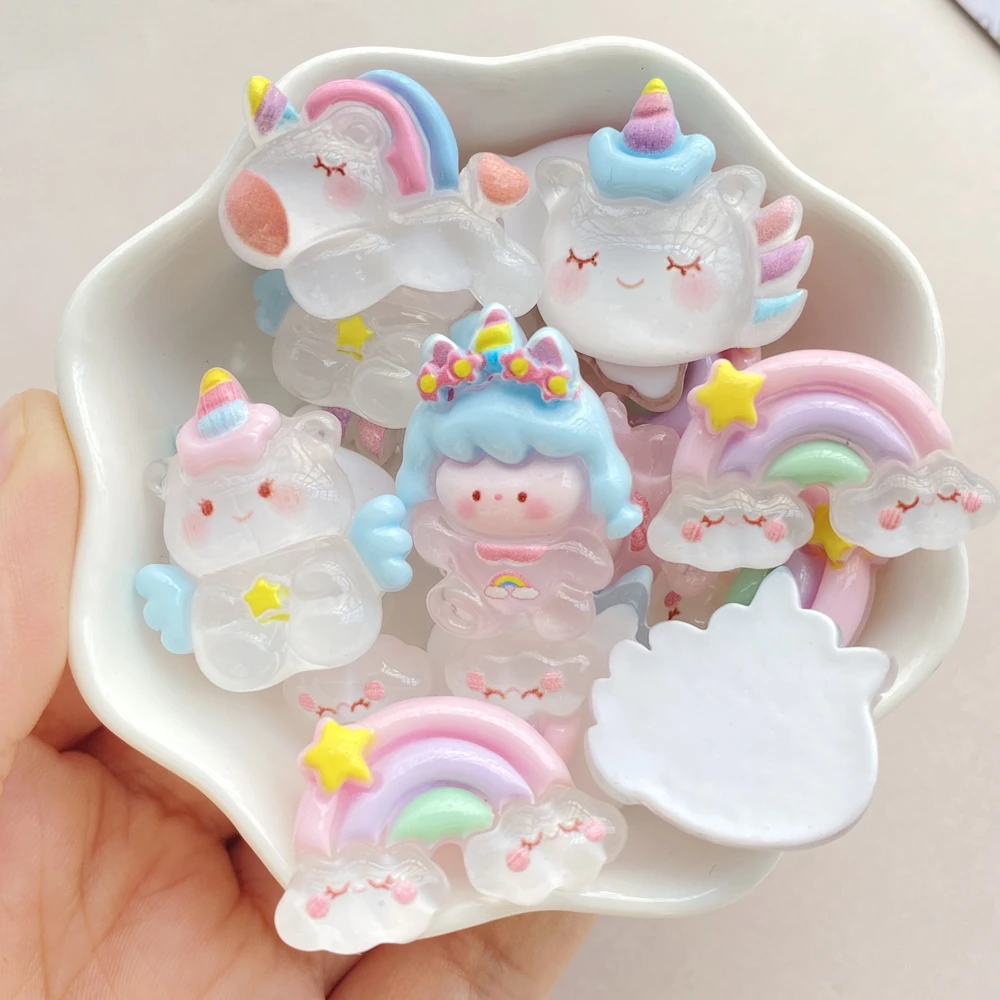 10Pcs New Cute Resin Cartoon Unicorn, Rainbow Series Flat Back Scrapbooking DIY Jewelry Craft Decoration Accessories