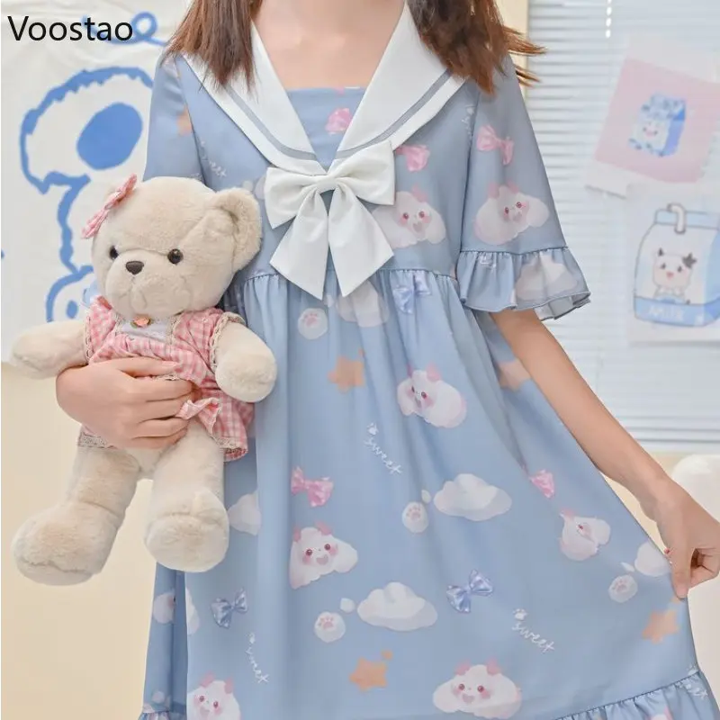 Japanese Kawaii Lolita Princess Dress Girls Cute Bow Sailor Collar Nightgown Cartoon Print Pajamas Summer Preppy Loose Homewear