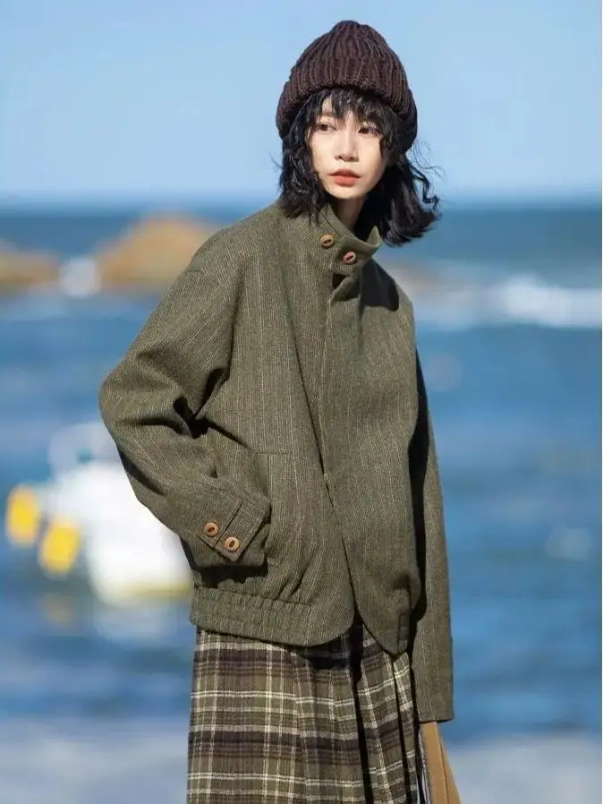 Abrigo de lana con solapa curvada y cuello levantado, chaqueta cálida y holgada de alta calidad, estilo Retro japonés, otoño e invierno, novedad de 2023