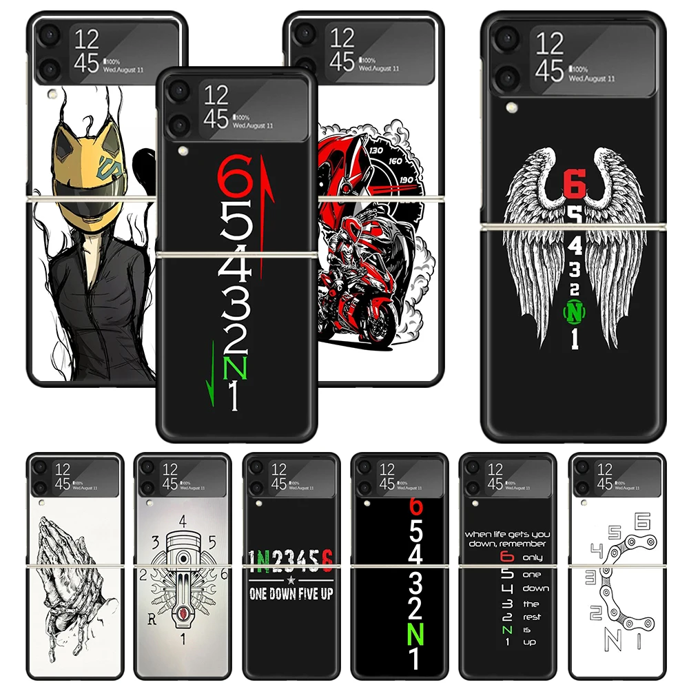 1N23456 Cool Motorcycle Print Case For Samsung Galaxy Z Flip 3 4 5 6 5G Phone Shell ZFlip6 Flip5 Flip4 Flip3 Pattern Black Hard