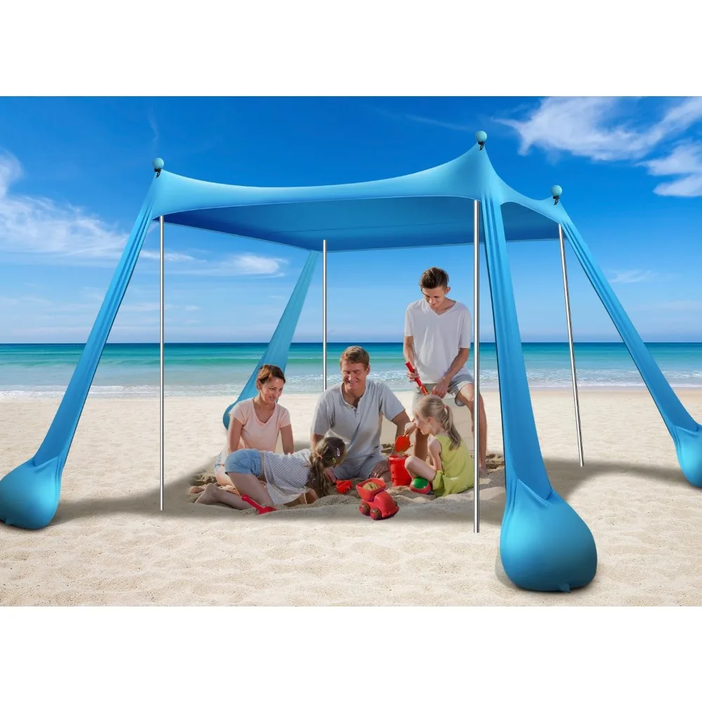 

Beach Tent Canopy UPF50+ Protection, 10x10FT Beach Shade Sun Shelter Pop Up with 4 Stability Poles, Sandbags, Sand Shovels, Grou