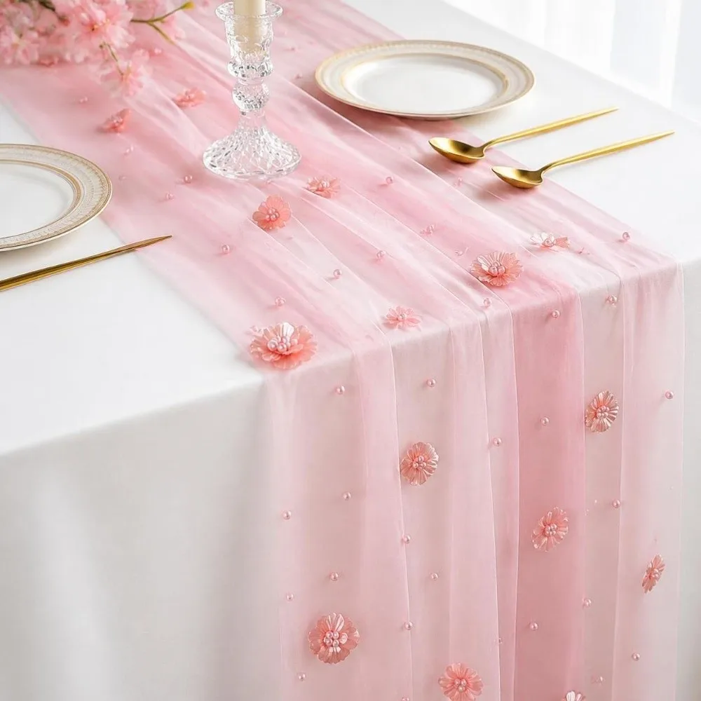 75*300CM Tulle Table Runner Romantic Semi-Transparent Floral Table Runner Vintage Elegant Sheer Table Cover For Table Decoration