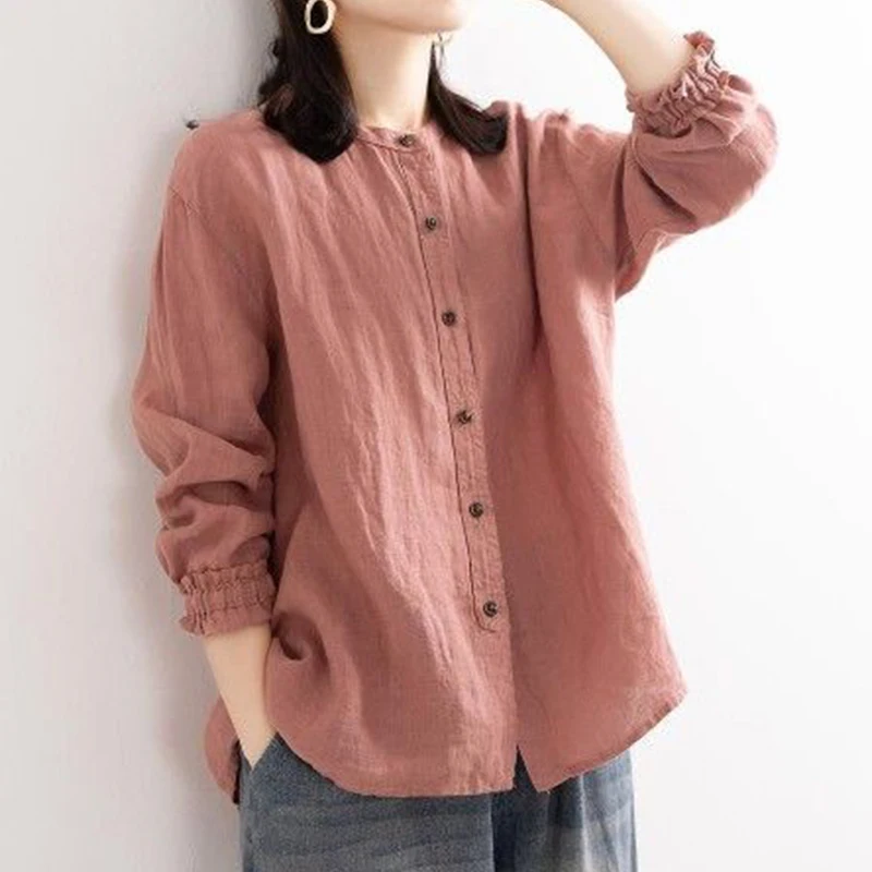 Blusa de manga comprida de algodão vintage com decote em o feminino, camisa casual feminina, botões soltos na moda, primavera, outono, estilo étnico