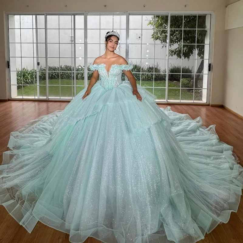 

Light Green Shiny Quinceanera Dresses Ball Gown Off Shoulder Lace Beads Tull Tiered Corset Vestido 15 De XV Anos Sweet 16 Dress