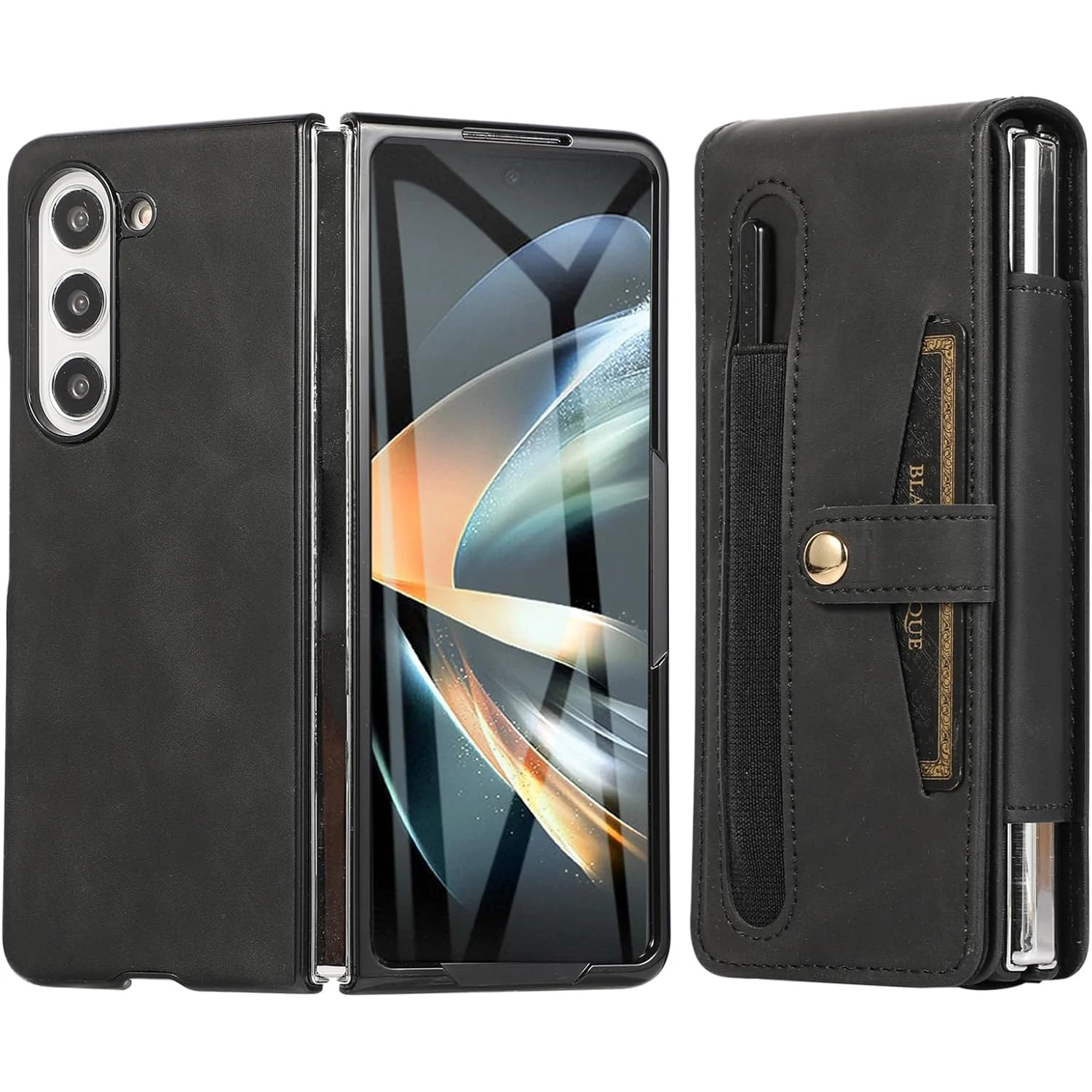 Wallet Case for Samsung Galaxy Z Fold 5, Flip Leather Cover with Card Holder Magnetic, Tempered Film Screen Protection