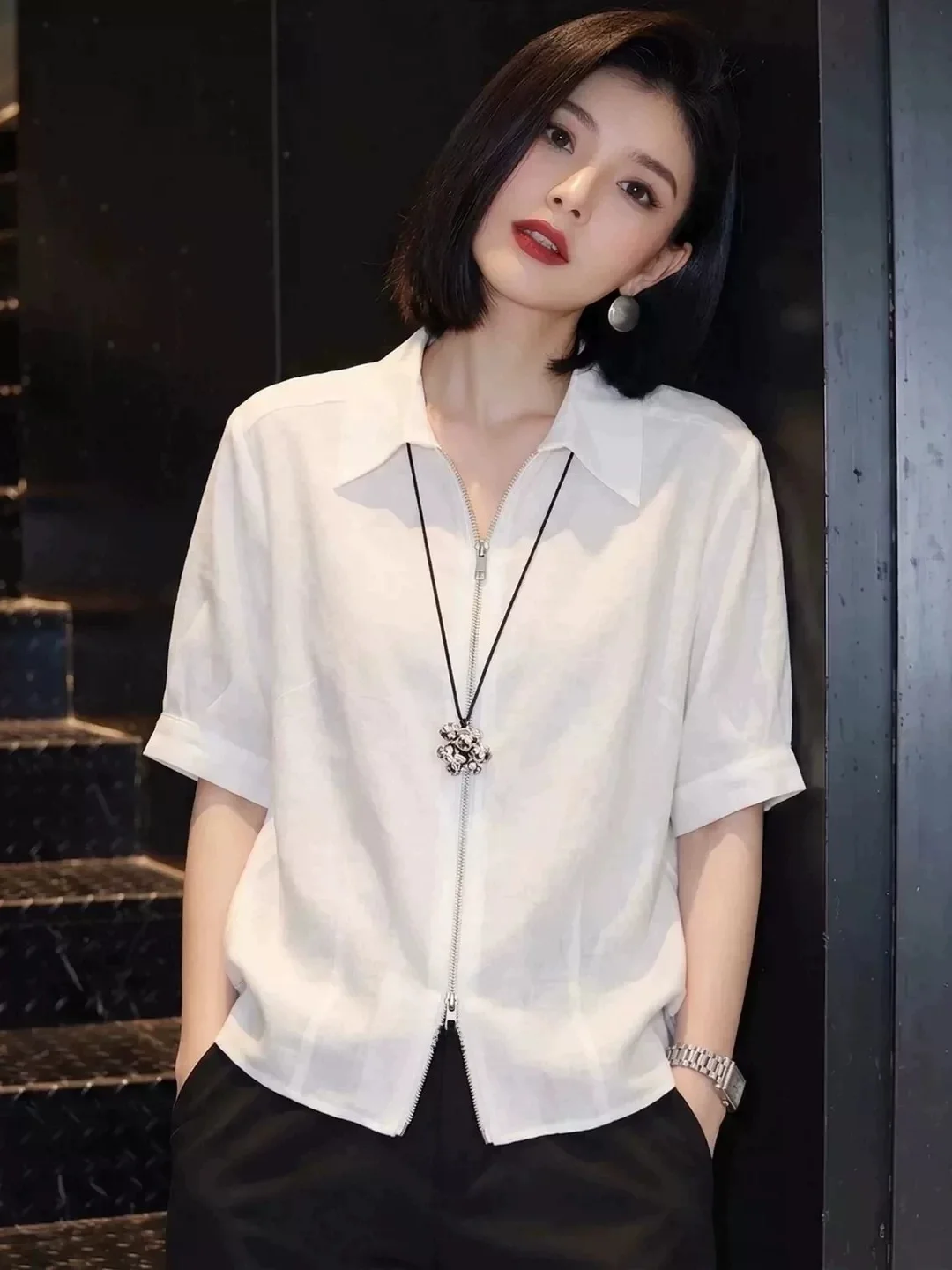 

White Short Sleeve Turn-down Collar Shirt Women Summer 2026 New plus Size Slimming Commute Style Top Korean Loose Fit