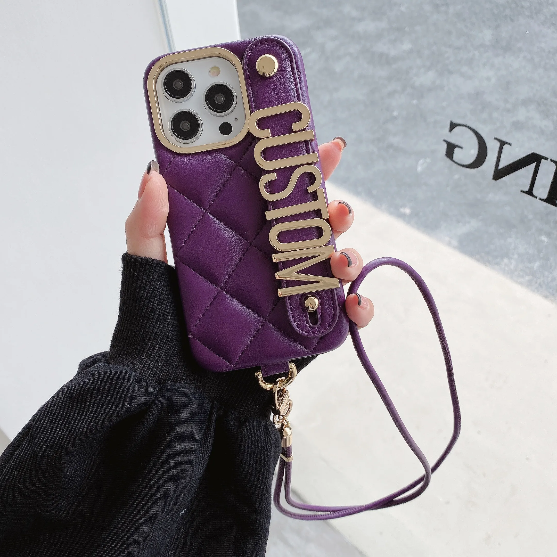 Customized iPhone 14 Pro Max Phone Case with Personalized Name High-Quality Leather Stand Long Lanyard Protective Case