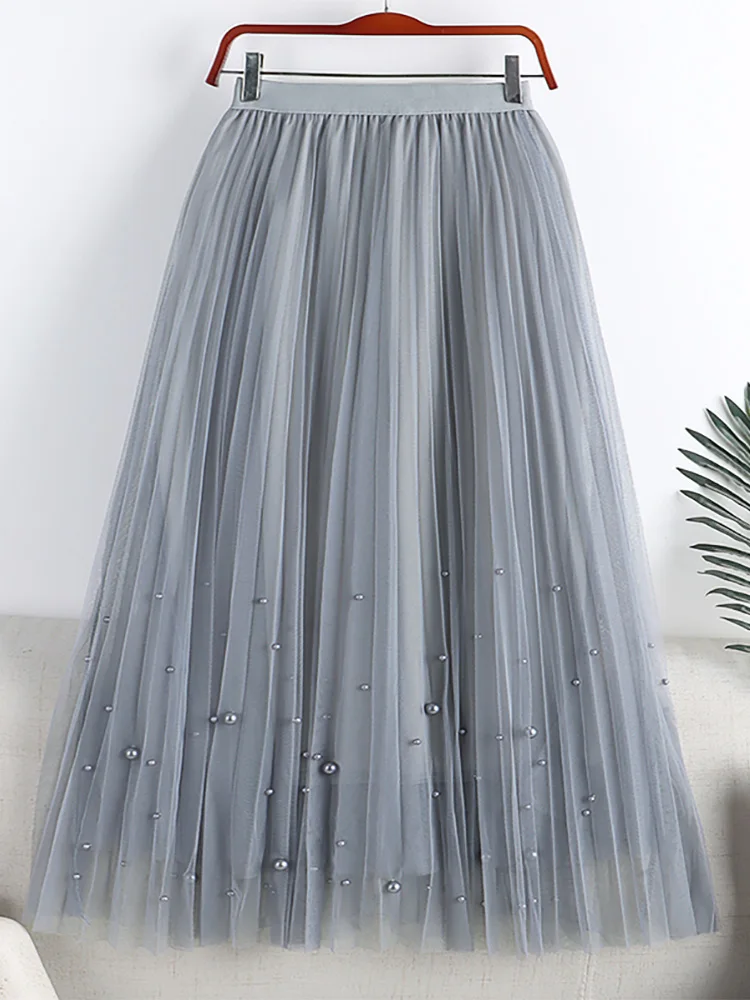 Croysier Spring Summer 2022 Women Fashion Faux Pearl Beaded Tulle Pleated Midi Skirt Casual Elastic High Waist Skirts Womens