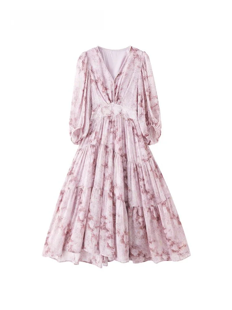 Vestido Feminino Chique com Decote em V e Estampa Floral, Modelo Longo de Verão com Cintura Alta e Efeito Emagrecedor, Estilo...