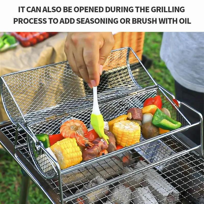 Stainless Steel Rolling BBQ Grill Mesh Basket Grill Rotisserie Basket roll Barbecue cage Roaster