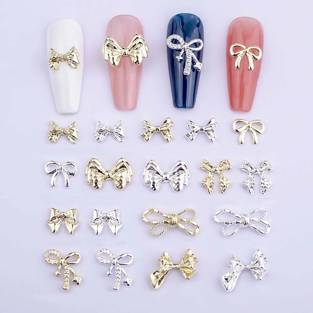 20Pcs Alloy Bowknot Nail Art Charms 3D Simple Style Gold Silver Mixed Nail Rhinestone Decoration Glitter Manicure Accessories