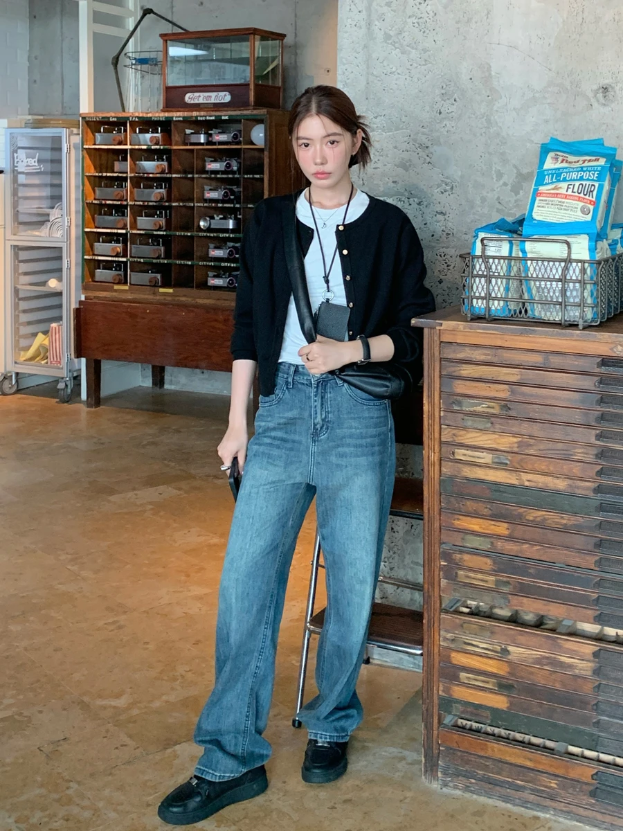 

Винтажные синие широкие джинсы Luu, женские свободные брюки прямого кроя длиной до пола, осень 2024, новинка Sle с высокой талией D...