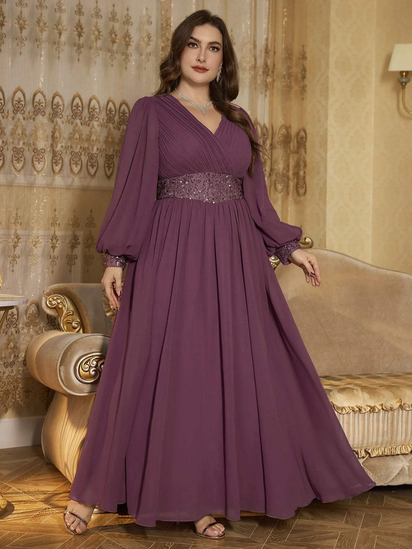 UNITHORSE حجم كبير على شكل حرف v لوحة ترتر لصق فستان سهرة شيفون نسائي أنيق لامع للمناسبات الرسمية