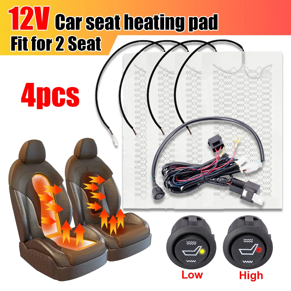

4Pcs 2Pcs Car Seat Heater 12V Carbon Fiber Heat Pads Square Control Switch With Harness As Winter Warmer Cover Universal