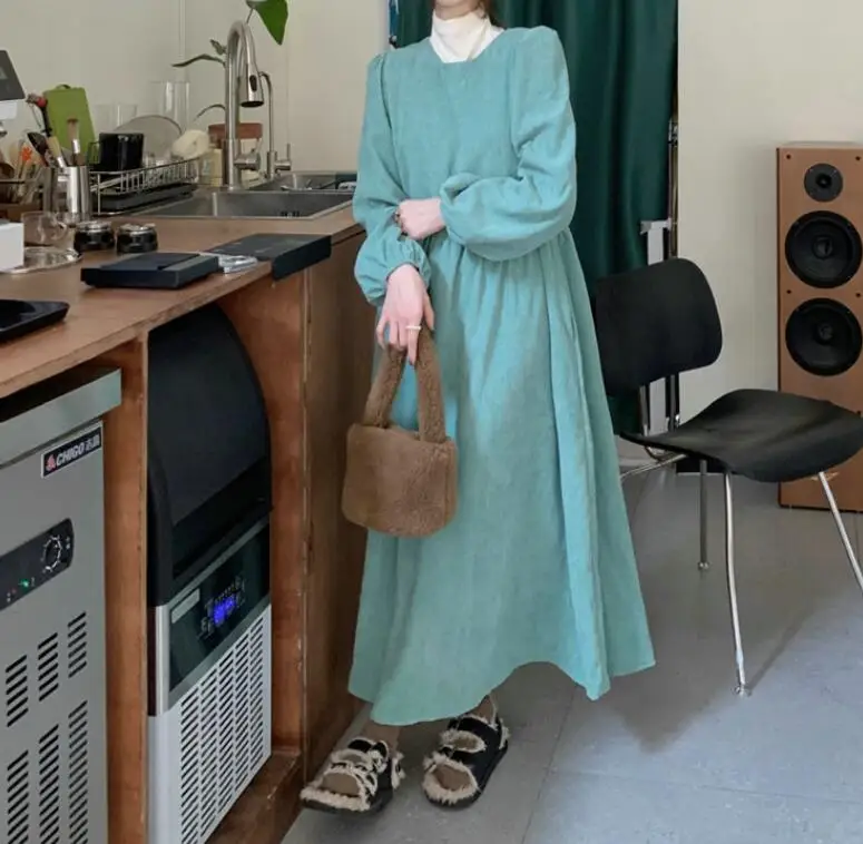 Autumn/Winter New Fashion Long Sleeved Round Neck Corduroy Solid Color Slim Fit Dress For Women,2 Colors