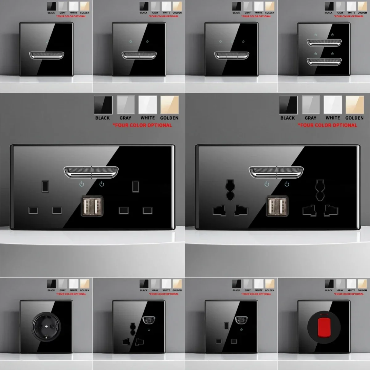 European British French Standard Tempered Glass Switch Socket with Indicator Light , Self-Reset 1 2 3 4 Gang Wall Panel Outlets - Image 3