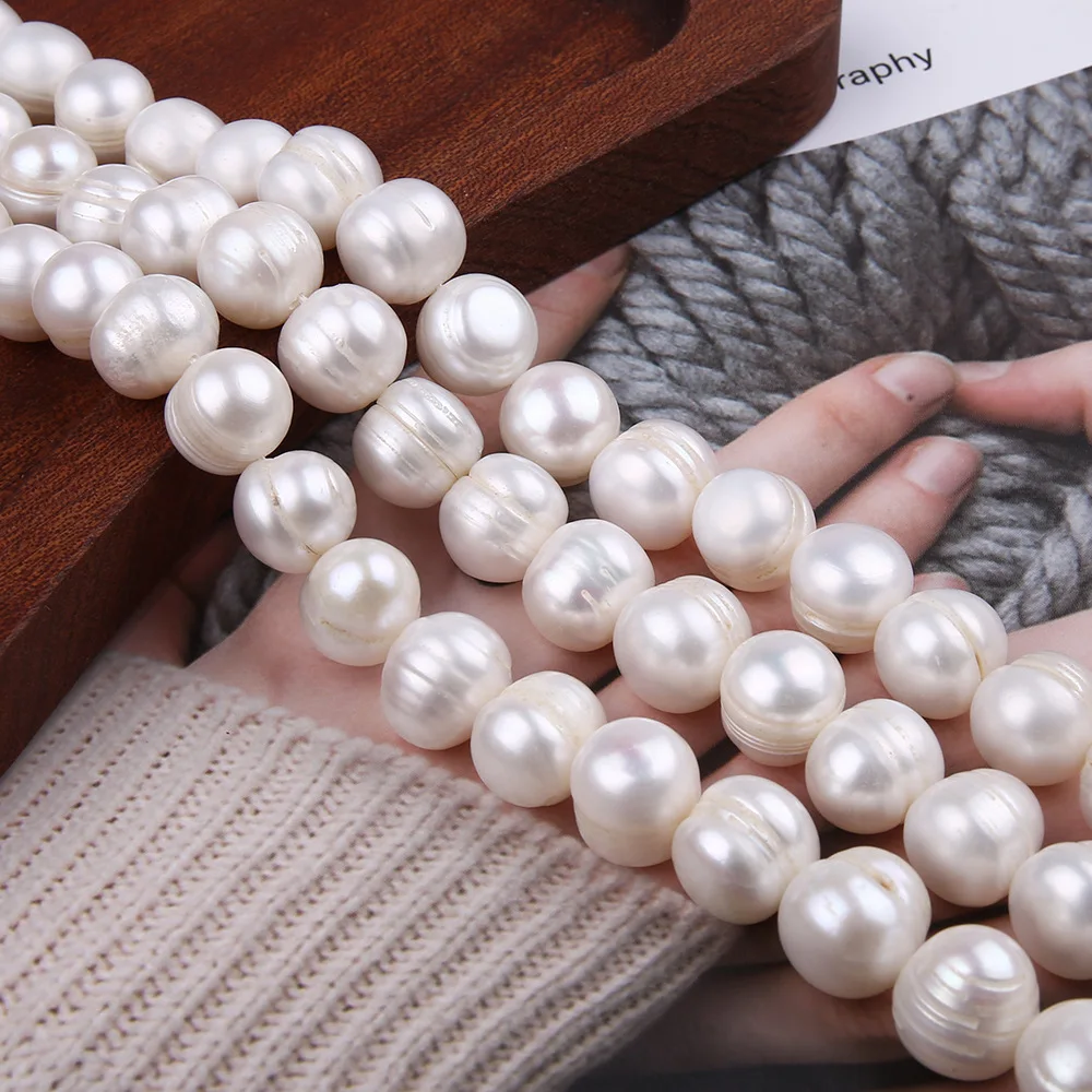 

11-12mm Threaded Bead Natural Freshwater Pearl Round Loose Spacer Beads Jewelry Accessories Making DIY Necklace Bracelet 1Strand