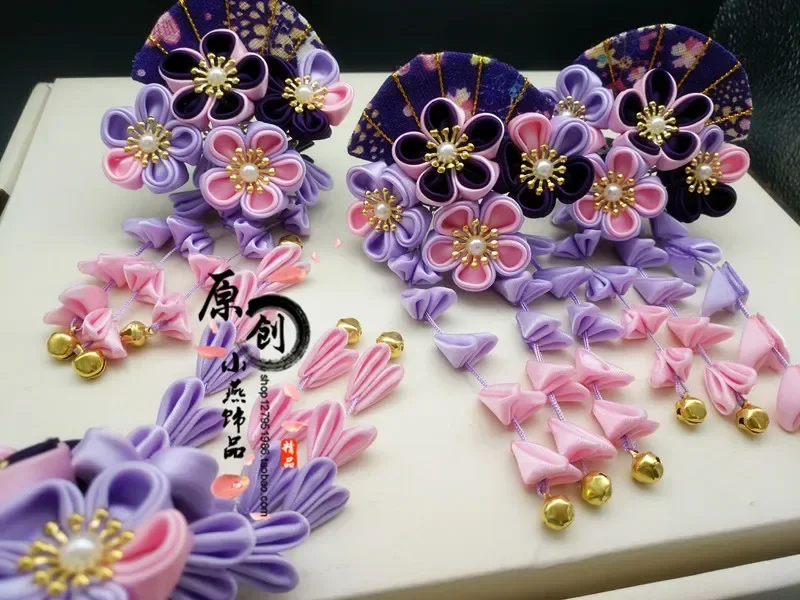 Paars Cosplay Sakura Fan Kwastje Hoofdtooi Oude Kostuum Kimono Accessoires Haarspeld Tsumami Zaiku Yukata Haarspeldjes Kanzashi
