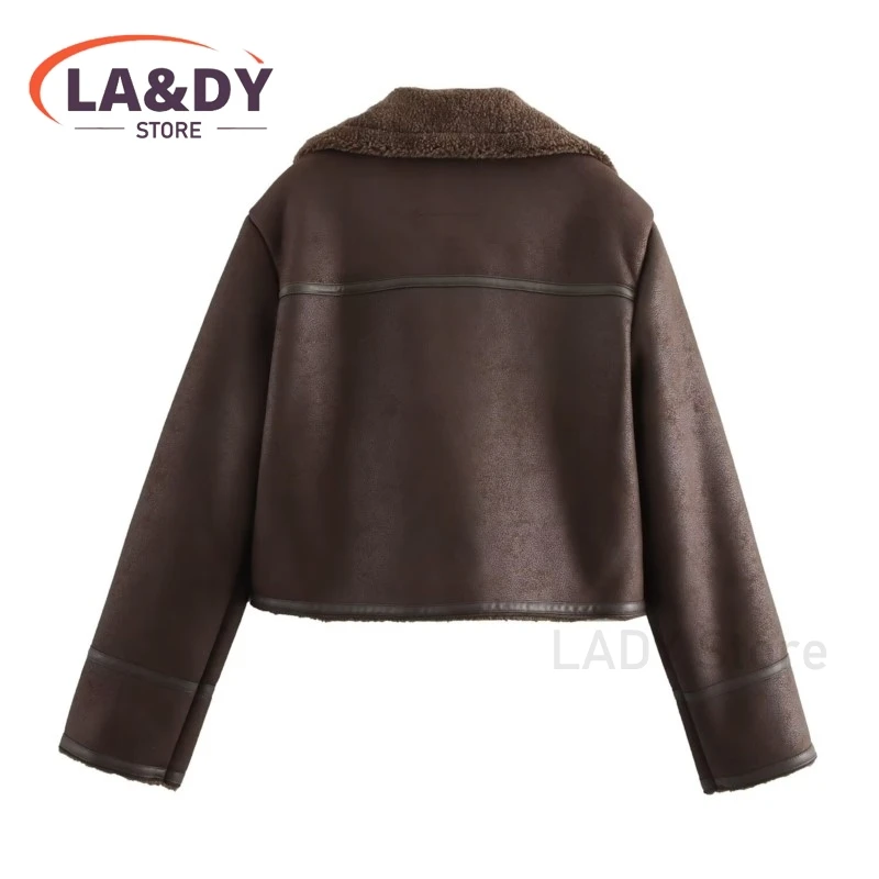 2024 New Autumn Winter Women Fashion Reversible Short Faux leather Jacket Female Casual Brown Long Sleeve Zip Coats Top