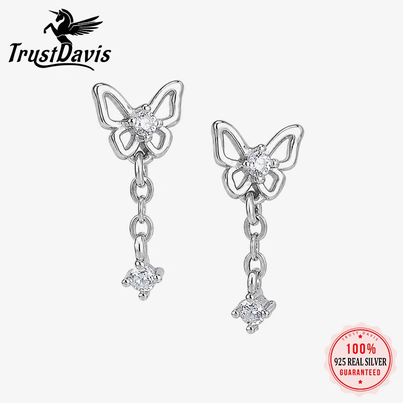 TrustDavis Real 925 Sterling Silver Fashion Sweet Butterfly Bow Zircon Stud Earrings for Women Daily Wear Jewelry Gift DS4960
