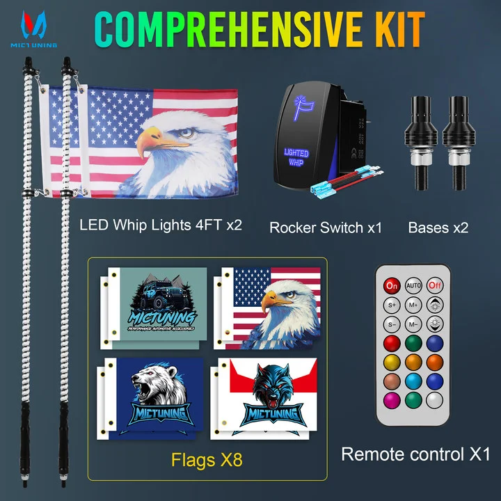 MICTUNING 4FT 360° Spiral LED Whip Lights,RGB+IC Dream Flow Chasing Colors with Remote Control Flags Light For Car ATV UTV