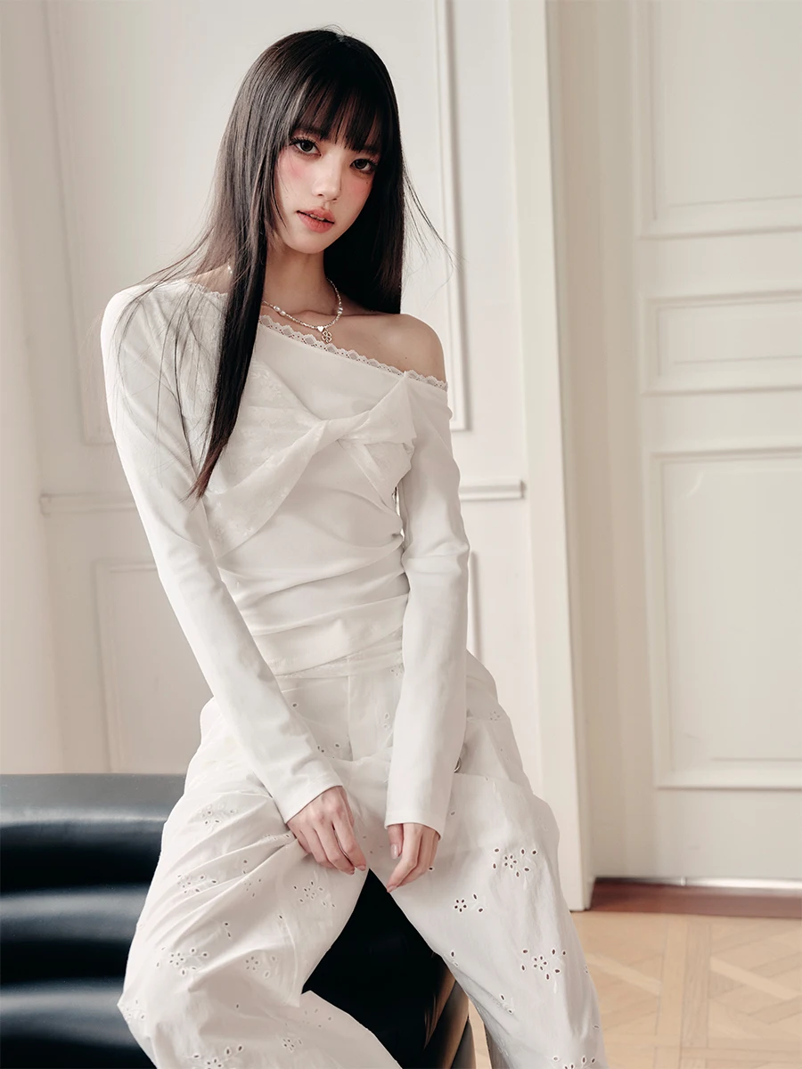 

Fragile Heart White Trace Wind Tra Long Sve Lace Patchwork Knot One oulder T-irt Korean Sle Slim Fit Summer Top