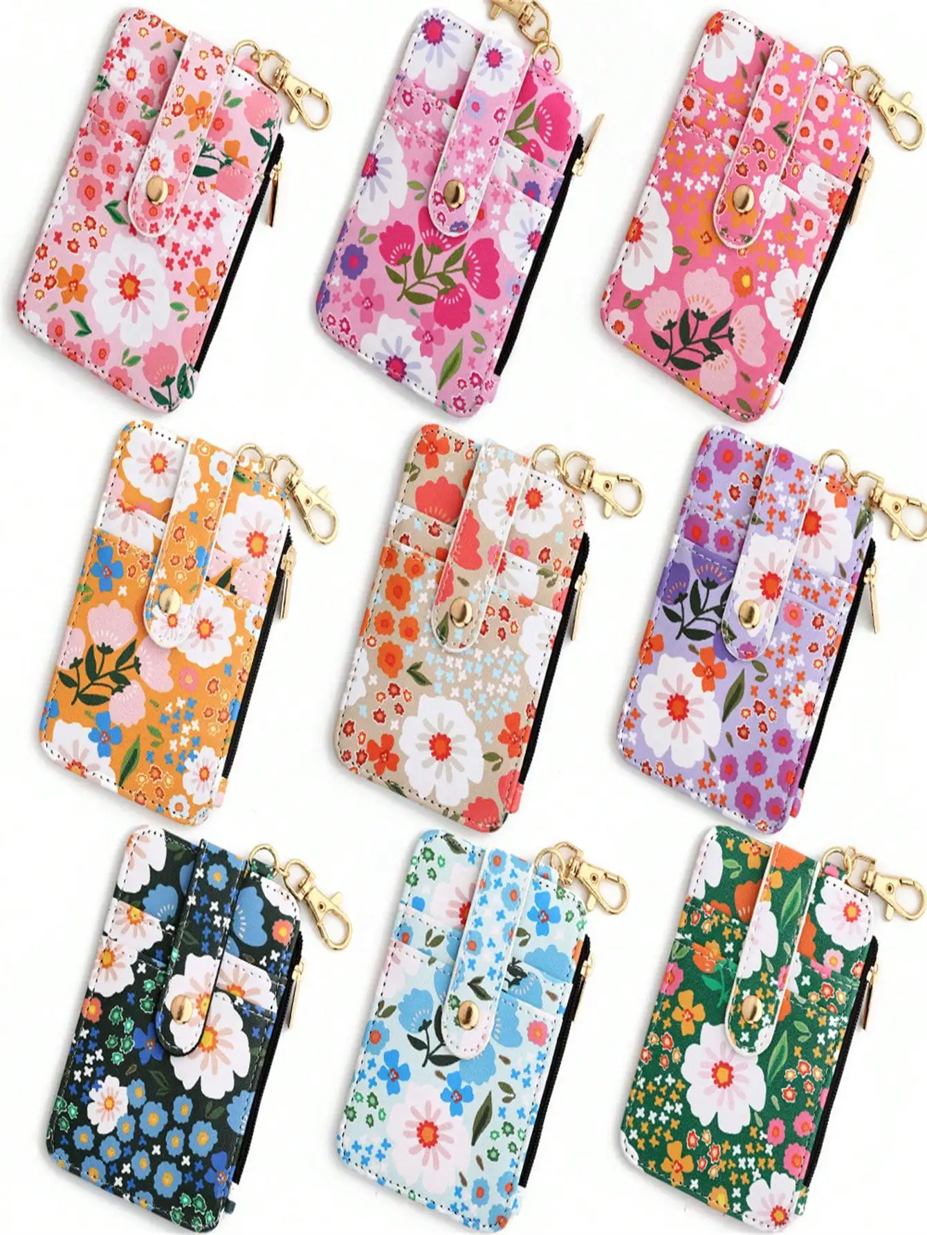 Eine bedruckte, gefaltete, vertikale Tasche mit Reißverschluss, Kartenhalter, florale Geldbörse, Damenbrieftasche