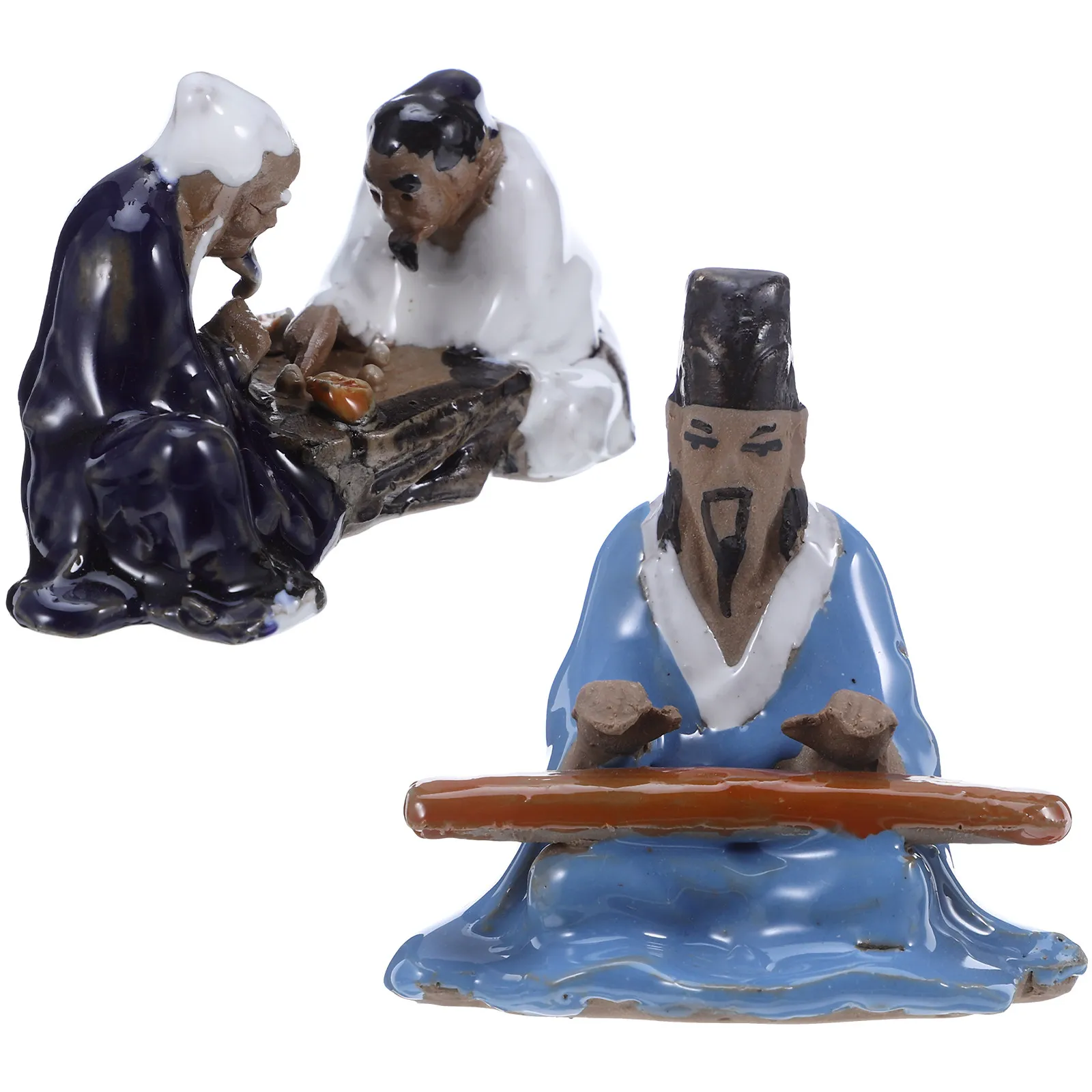 2Pcs Ceramic Bonsai Ornaments Ancient Chinese Chess Players Guzheng Musicians Miniature Landscape Aquarium Decor Tank Decoration
