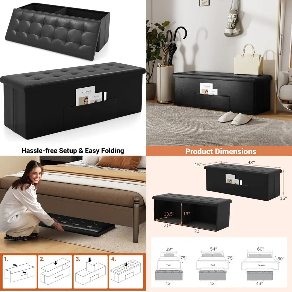 مقعد عثماني للتخزين قابل للطي، 43 بوصة، مسند قدم قابل للطي، صندوق تخزين نهاية السرير مع جيب جانبي لغرفة المعيشة #1