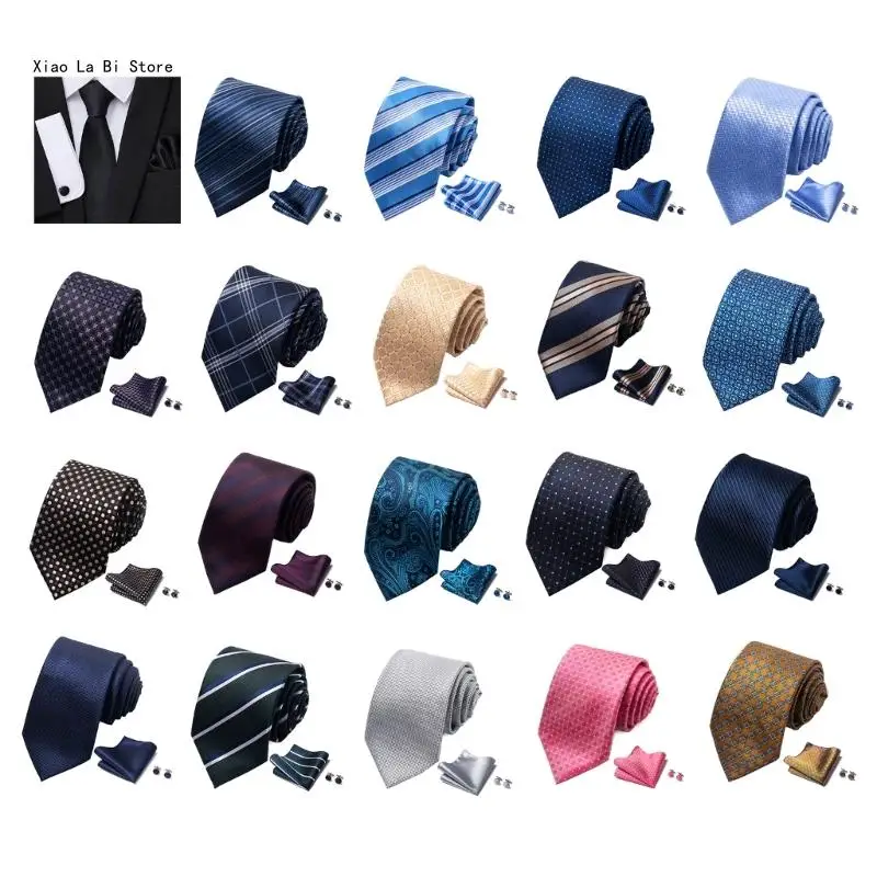 

Adult Men Classical Necktie Set with Pocket Square and Cufflink Business Formal Office Attire Neckwear Wedding Accessory XXFD