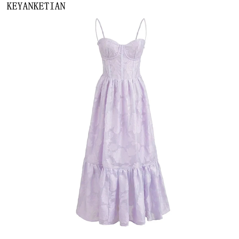 

KEYANKETIAN 2024 New Launch Women's Jacquard Halter MIDI dress Holiday wind Tiered Ruffles Slim Fairy Sweet Corset Dresses