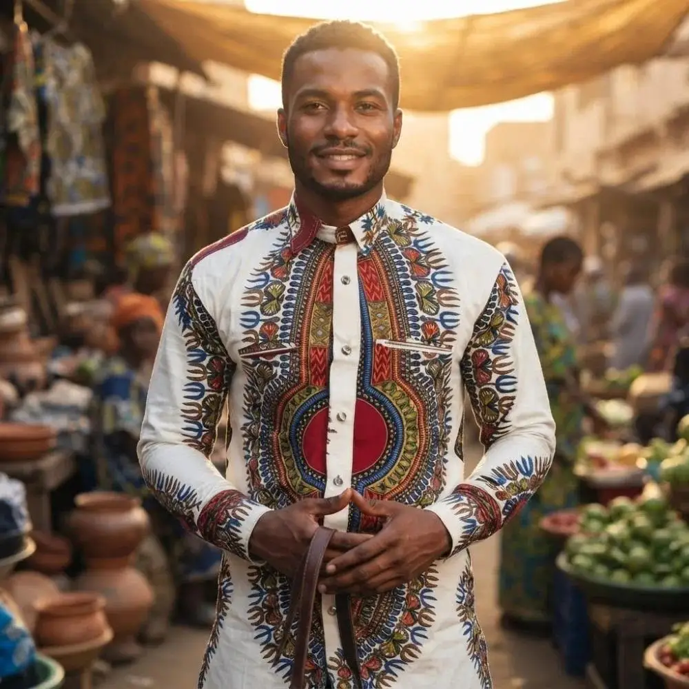 Mens African Print Shirt Ethnic Tribal Pattern Mid Length Top, Costume & Prop Outfit for Themed Parties, Cultural Events