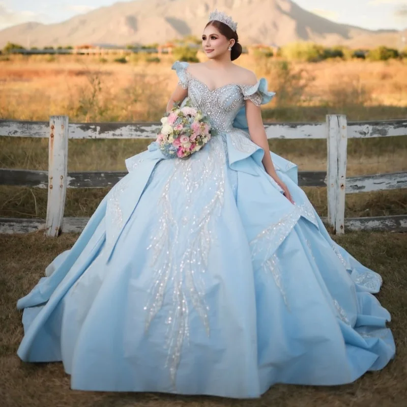 

Pink Dresses off-shoulder Crystal Glitter Decal Lace Layering Long tail Bow Vestido De 15 Quinceanera Customize